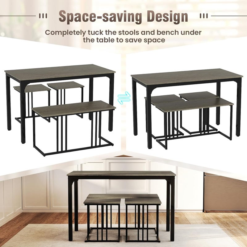 Giantex 4-Piece Dining Table Set for 4, Modern Kitchen Table and Chairs, Nesting Furniture Set with Bench & 2 Stools, Space-Saving Desk Set, Dinette Set for Small Place, Dining Room Restaurant (Grey) - Image 3